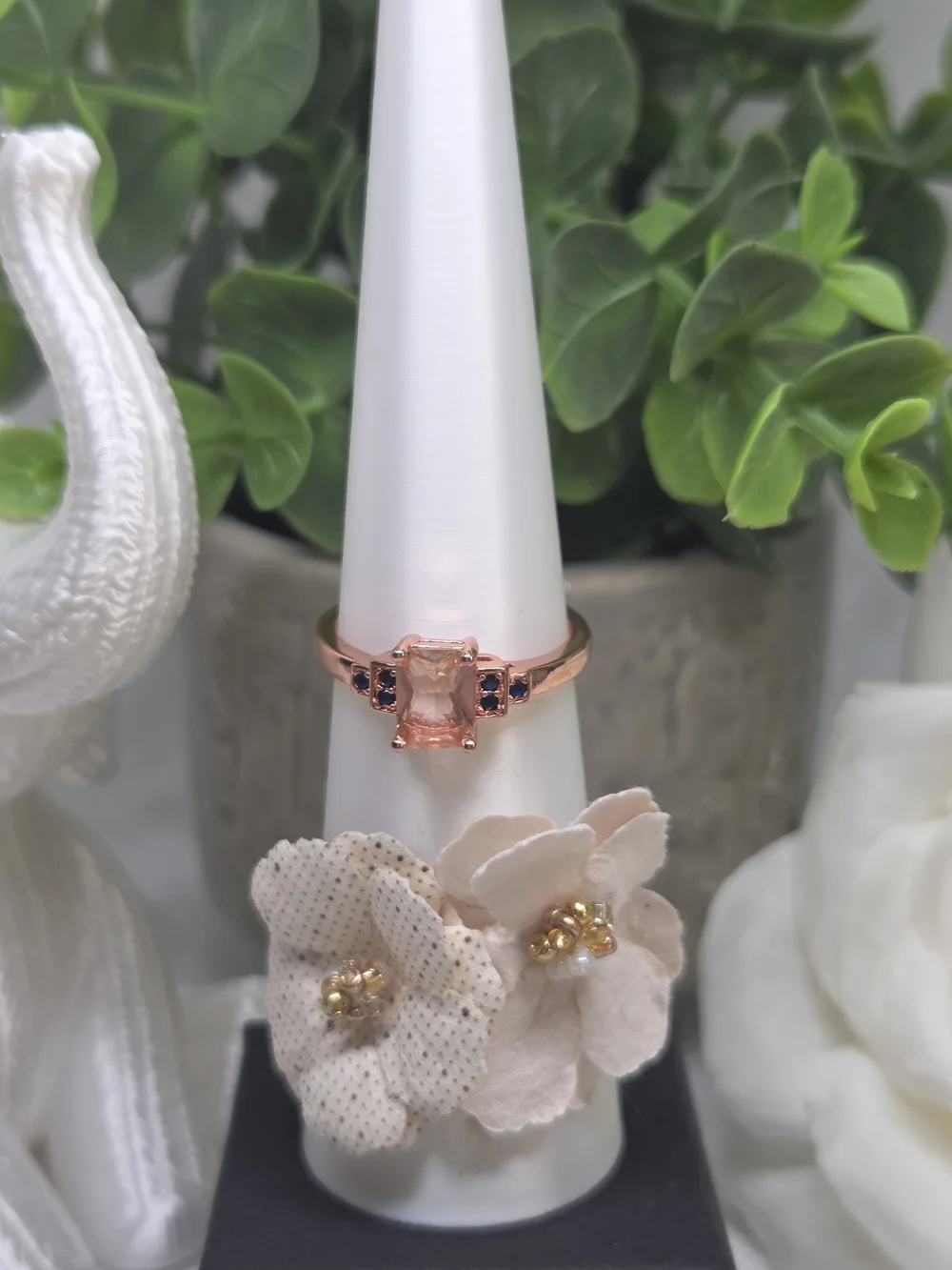 Rose Gold Pink Gemstone Solitaire Ring With Sapphire Accents